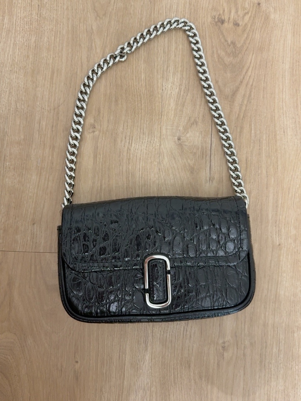 Marc Jacobs Black Croc-Embossed Shoulder Bag with Silver Chain Strap